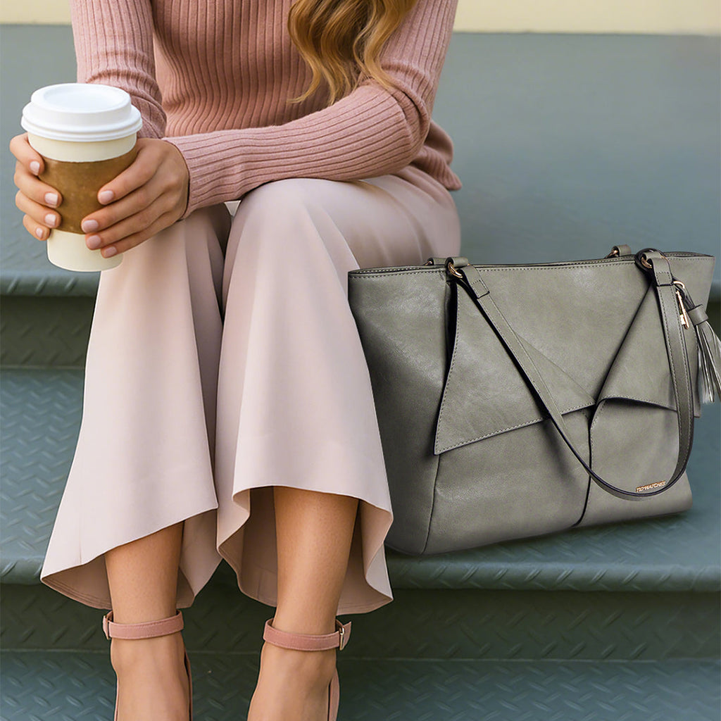 TID Gray Leather Tote Bag